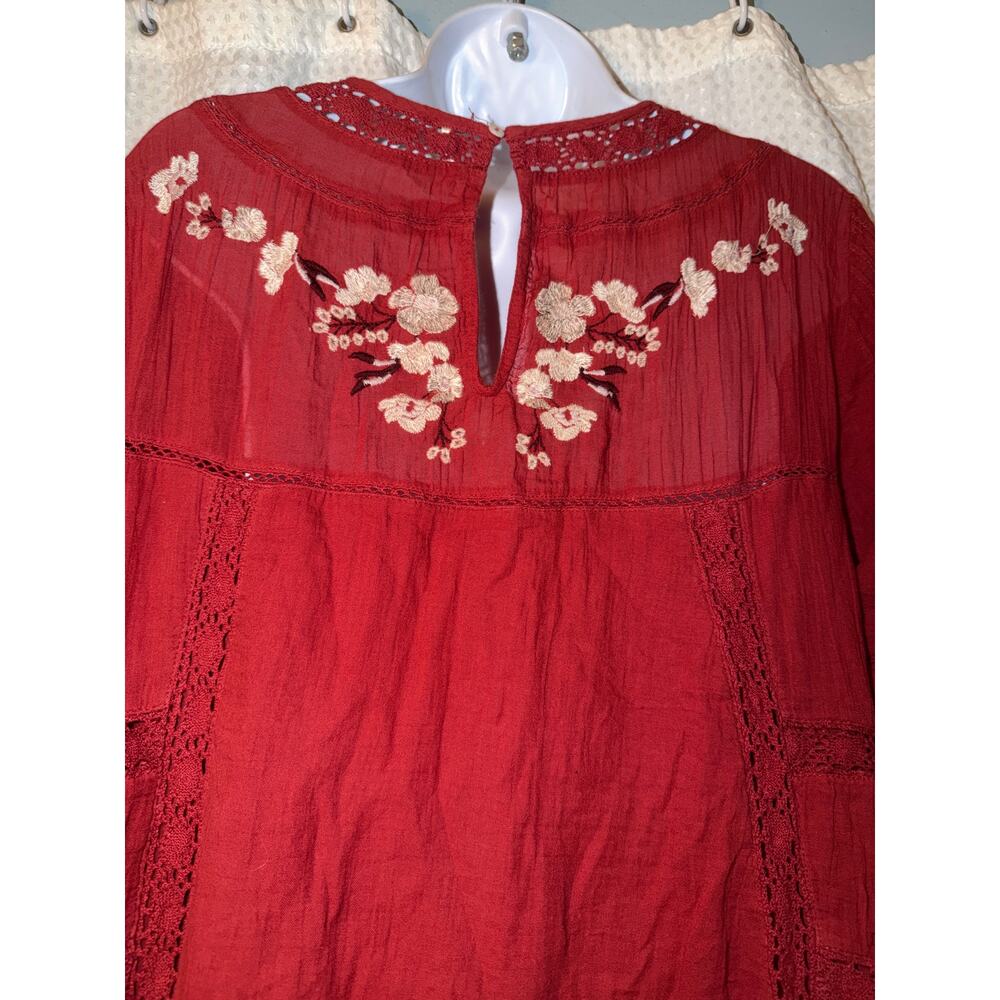 Free People Embroidered Cotton Gauze Boho Mini Dress Large Rust Red - Picture 6 of 7